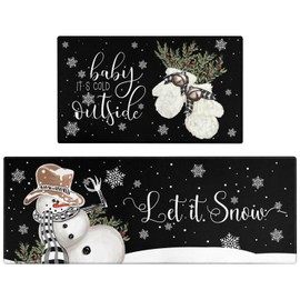 Xsinufn Christmas Kitchen Rugs and Mats Set of 2,Winter Snowman Let It Snow Snowflake Knitted Gloves Xmas Holiday Sink Floor Mat Non Skid Washable for Home Farmhouse Christmas Decor 17"x47"+17"x30"