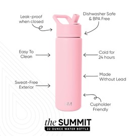 Simple Modern Water Bottle with Straw Lid Vacuum Insulated Stainless Steel Metal Cup Bottles | Reusable Leak Proof BPA-Free Flask for Gym, Travel, Sports | Summit Collection | 22oz, Blush