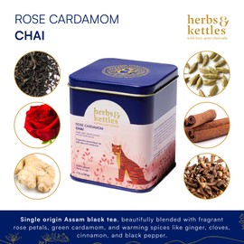 Herbs & Kettles Rose Cardamom Chai | Assam Black Tea with Rose Petals, Green Cardamom, Ginger, Cinnamon & Cloves | Floral Loose Leaf Blend | Makes 10–14 Servings | Premium Gift for Tea Lovers