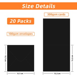 20 Pack 6x6 inch Black Blank Greeting Cards and Envelopes, 300gsm Blank Cards and 100gsm Envelopes for Card Making, Invitation and Greeting Cards (15.2x15.2cm)