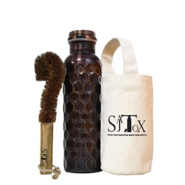 SAJTOX 32oz Antique Black Diamond Large Pure Clear Copper Water Bottle Leak Proof Travel Big Size Water Bottles for Drinking Water & Ayurvedic Health benefits With Canvas Bag & Bottle Cleaner Brush