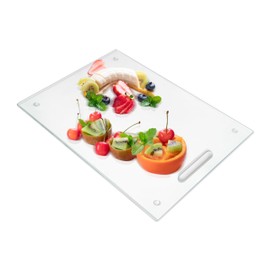 JAMBALAY Tempered Glass Cutting Board with Handle and Non Slip Feet, 16"x12" Clear Cutting Board for Kitchen Countertop, Glass Chopping Board, Heat and Scratch Resistant, Dishwasher Safe