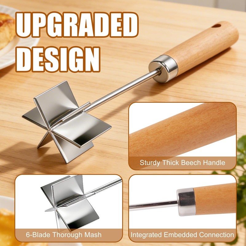 KOILLUXU 304 Stainless Steel Meat Chopper & Masher, 6-Blade Ground