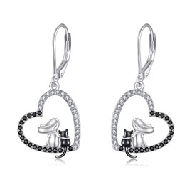 NIFUNAO Black Cat Earrings 925 Sterling Silver Cat Heart Dangle Leverback Earrings Cat Jewelry for Women Cat Lovers