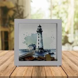 Lighthouse on the coast frame money box made of wood, maritime flair for home, water, sea shore, motif, nautical signal design, perfect for marine navigation fans