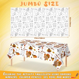 3 Pack Fall Thanksgiving Coloring Tablecloth for Kids, Disposable Thanksgiving Turkey Pumpkin Color-in Paper Table Cover, Fall Thanksgiving Activity for Kids Holiday Party Decorations, 54x108 Inch