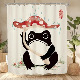 LGhtyro Funny Frog Shower Curtain Bathroom Set 60Wx71H Inches Mushroom Asian Traditional Art Japanese Lovely Hilarious Black Beige Red Bath Accessories Cute Animal Art Home Decor Fabric 12 Pack Hooks