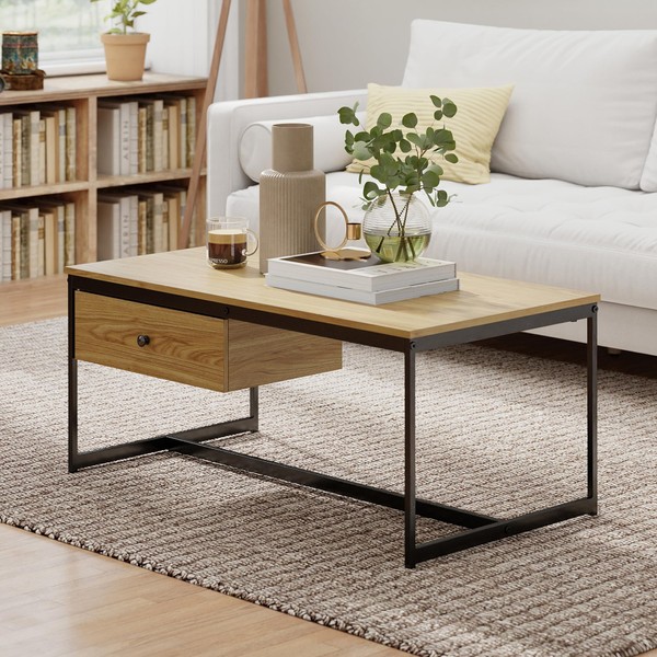 Manora Minimalist Coffee Table with Drawer, Modern Industrial Aesthetic Center