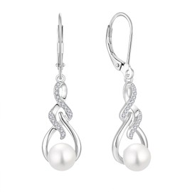 Lwsary Infinity Pearl Drop Earrings 925 Sterling Silver Dangle Leverback Earrings with 7MM Pearl Jewelry for Women