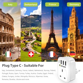 LENCENT 2 Packs UK to EU Euro Europe Plug Adapter, European Travel Adapter with 3 USB Ports & 1 USB C Port for Italy Switzerland Germany Spain France Portugal Greece Netherlands & more (Type C)
