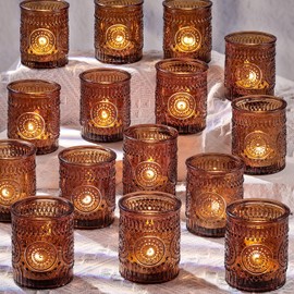 DARJEN Amber Votive Candle Holders Set of 36- Glass Candle Holders Bulk for Flameless LED Tea Waxes, Vintage Candle Holder for Wedding & Home Table Decor, Vintage Parties