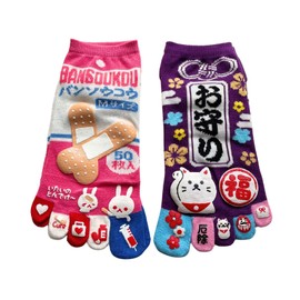 [Mode Select] Women's 5 Toe Socks, Characters, 2 Pairs Set, Thin, Summer, Ankle Length, Cute, 5 Toe Socks, Cute, 2 Patterns, 2 Pair Set (Color Available), Black, Red, Pink, Blue, Yellow