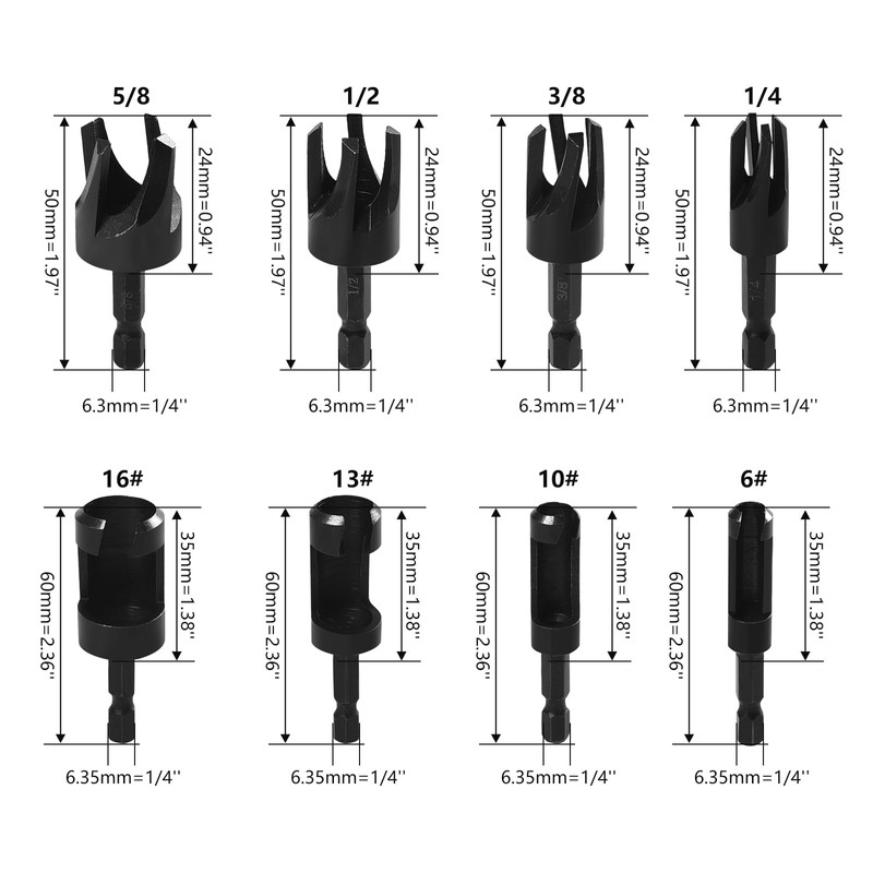8 Pack Wood Plug Cutter Drill Bit Set 1/4 Inch