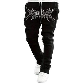 WDIRARA Men's Graphic Printed Stacked Sweatpants Flared Leg Y2K Drawstring Waisted Casual Jogger Pants with Pockets Solid Dark Black L