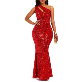 VERWIN Sequins Fashion Sleeveless Oblique Collar Mermaid Women's Maxi Dress Bodycon Dress Party Dress XL Red