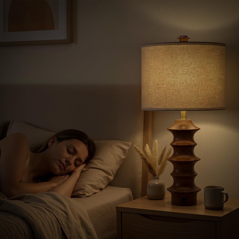 Scenekoy Wood Table Lamp Set of 2, 3-Way Dimmable Table