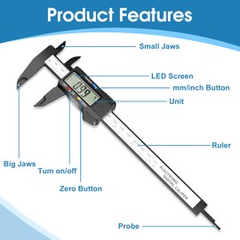 Digital Caliper Calipers Measuring Tool, 0-6inches Electronic Caliper with Premium Large LCD Screen, Inch and Millimeter Convert, Auto-Off Feature, High Precision and Clear Display, HnoaTovy
