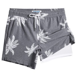 maamgic Mens Swim Trunks with Compression Liner 5" Stretch Beach Shorts Quick Dry with Zipper Pockets No-Chafing Board Shorts Gray-Palm Tree M