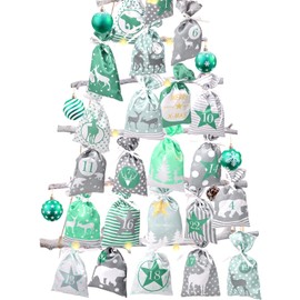 Advent Calendar to Fill, Grey (12 x 20 cm), 24 Fabric Bags, Chain, for DIY, Crafts and Hanging, 2024 Christmas Calendar to Fill Yourself, with Grey Fabric Bags for Children, Green