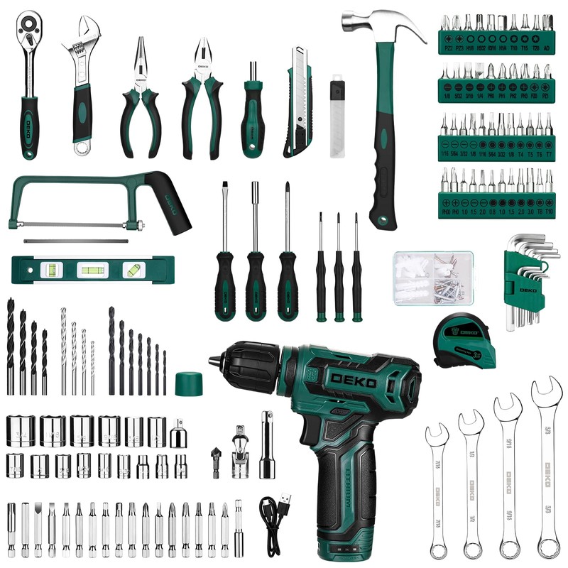 Tool Set: Tool Kit with 12V Cordless Drill, Hand Toolbox
