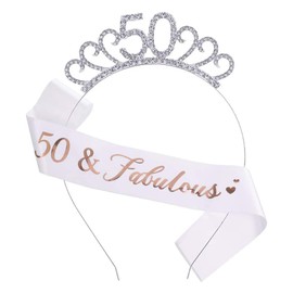 EUYuan 50th Birthday Tiara and Sash, 50 Fabulous Glitter Satin Sash and Crystal Tiara Birthday Crown for Women 50th Birthday Party Decorations