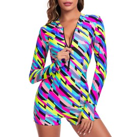 Ocean Blues Women's Neon Striped Long Sleeve One Piece Bathing Suit Athletic Boyleg One Piece Swimsuit UPF 50+ Sun Protection Rash Guard Size X-Large