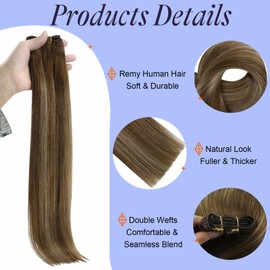 Full Shine Weft Hair Extensions Human Hair Balayage Sew in Brown Hair Extensions Color 4 Medium Brown Ombre 24 Light Blonde Highlight 4 Brown 22 Inch Brazilian Hair Weft Bundles 105 Grams