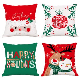 Christmas Decorative Throw Pillow Covers 18x18 Inch Set Of 4 Christmas Holiday Velvet Pillow Cases Xmas Santa Clause Deer Snowman Red Green Cushion Covers Outdoor Sofa Home Bed Decor Pillow Protectors