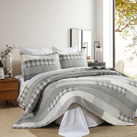 SahSahCasa Quilt Queen Size, Queen Quilt Set, 100% Cotton Queen Quilt Bedding Set Bedspreads, Farmhouse Reversible Patchwork Lightweight Plaid Quilts Bedspread for All Season, Grey/Cream, 3 Pieces