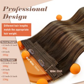 Sunny Hair Wire Hair Extensions Real Human Hair Fish Line Human Hair Extensions Invisible Wire Extensions Dark Brown to Caramel Blonde with Dark Brown Highlights #4/27/4 14 Inch