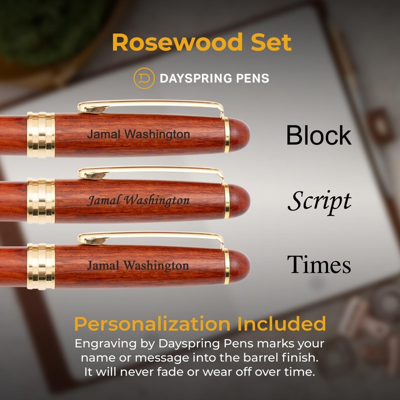 Rosewood Engraved Ballpoint Pen and Pencil Set with matching Wood