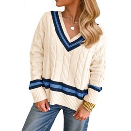 Saodimallsu Womens V Neck Cable Knit Sweaters Long Sleeve Color Block Preppy Sweater Fall Loose Casual Pullover Tops Beige