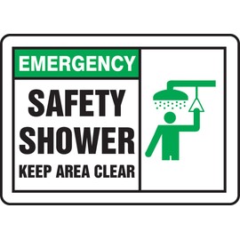 Accuform MFSD931XV Adhesive Dura-Vinyl Sign, Legend "Emergency Safety Shower Keep Area Clear", 7" Length x 10" Width x 0.006" Thickness, Black/Green on White