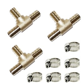 PAKA TOOLS 3Pc 3/4" HOSE BARB TEE Brass Pipe 3 WAY T Fitting Thread Gas Fuel Water +CLAMP