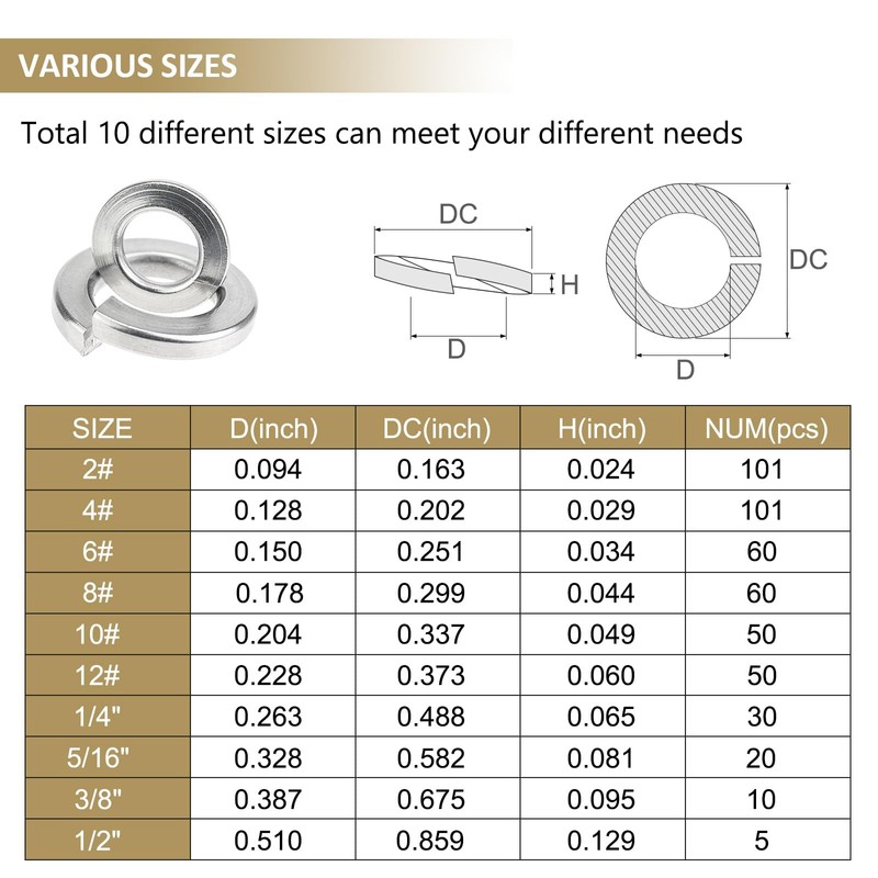 Kindroufly 487 Pieces 10 Sizes Stainless Steel Split Lock Washers,
