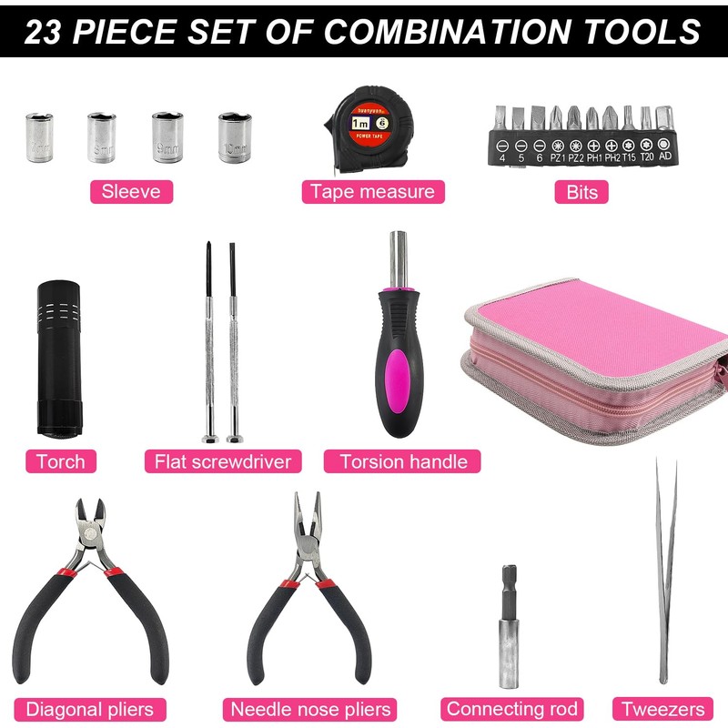 23 Pieces Pink Tool Kit, Comes with Pliers, Socket, Screwdriver,