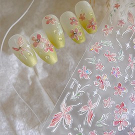 Aurora Flower Nail Stickers 3D Self Adhesive Shell Light Butterfly Nail Decals Spring Cherry Blossom Nails Art Stickers Pink Butterfly Glitter Stars Nails Design Floral Sticker Decoration for Women