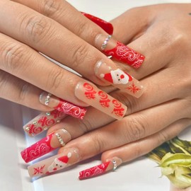 CECOBAG 24 Pcs Red Long Pressed Nails, Santa Claus Pattern Acrylic Pressed Gel, Ballerina Manicure False Nails，Perfect for for Women and Girls Wear