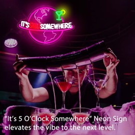 Its 5 00 O'clock Some Where Neon Sign, Dimmable LED It's 5 o'Clock Somewhere Sign for Wall Decor, Bar Neon Sign, Planet World Map Neon Light Man Cave Home Bar Beer Garage Bathroom Bedroom Christmas