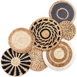 CroBlissful 7 Pcs Boho Wall Basket Decor Hanging Handcrafted Seagrass Woven Round Bohemian Basket Wall Decoration Art for Farmhouse Home Room Rustic Decorations Table, Multi Sizes(Classic)