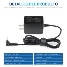 VUOHOEG Cargador para computadora portátil Lenovo 45W Fuente de alimentación de Punta Redonda Adaptador de CA para Lenovo Yoga Ideapad 110 110s 120s 130s 310 320 330 330s 510 510s 520 530s 710s