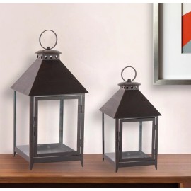 HomeRoots Set of Two Black Iron and Glass Geometric Floor Lantern Candle Holders