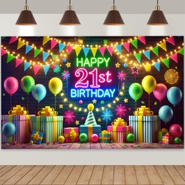 Qpout Neon Happy 21st Birthday Backdrop Banner, Neon Birthday Decorations for Her Him, 5.9x3.6 ft, Glow In The Dark Black Light Party Decor Backdrop
