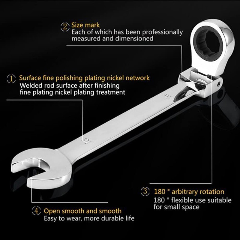 Vokenforu 15mm Flex-Head Ratchet Spanner, Metric Wrench, Chrome Vanadium Steel,