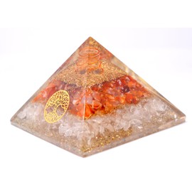 Color Decor Selenite & Carnelian Orgone Pyramid Gift with Tree of Life Disk - Stone of Peace & Mental Clarity: with Clear Crystal Gemstone Copper Metal Crown Chakra Pyramid 70 MM
