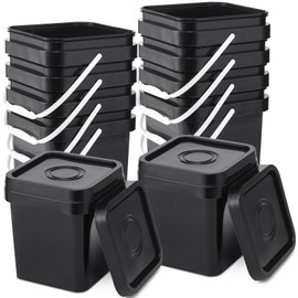 Suzile 10 Pcs Food Grade Square Bucket with Lid 1 Gallon Plastic Bucket 4.5L Utility Industrial Pail with Handle Container for Food Oil Tub Water Fishing Paint House Cleaning Car Washing (Black)