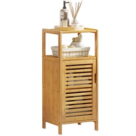 VIAGDO Bamboo Cabinet, Bathroom Storage Cabinet with Single Door and Shelf, Freestanding Bathroom Cabinet, Kitchen Cupboard, Sofa Side Table for Living Room/Hallway/Kitchen