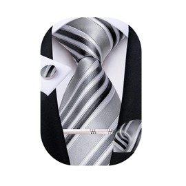 DiBanGu Silk Necktie, Wedding, Pocket Square, Tie Clip, Cufflinks Set, Gift Box Included, stripe grey