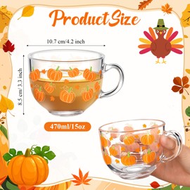 Sliner 6 Pcs Fall Pumpkin Glass Coffee Mugs with Handle, 16 oz Thanksgiving Clear Irish Coffee Mugs Autumn Maple Leaf Holiday Cups Footed Irish Glasses for Beverages Latte Hot Chocolate(Pumpkin)