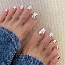 Chrome Press on Toenails Short Square Fake Toe Nails Silver Glue on Toenails Flash Acrylic Toe Nails Metallic Stick on False Toenail with Design Full Cover Summer Toenails for Women Girls Manicure